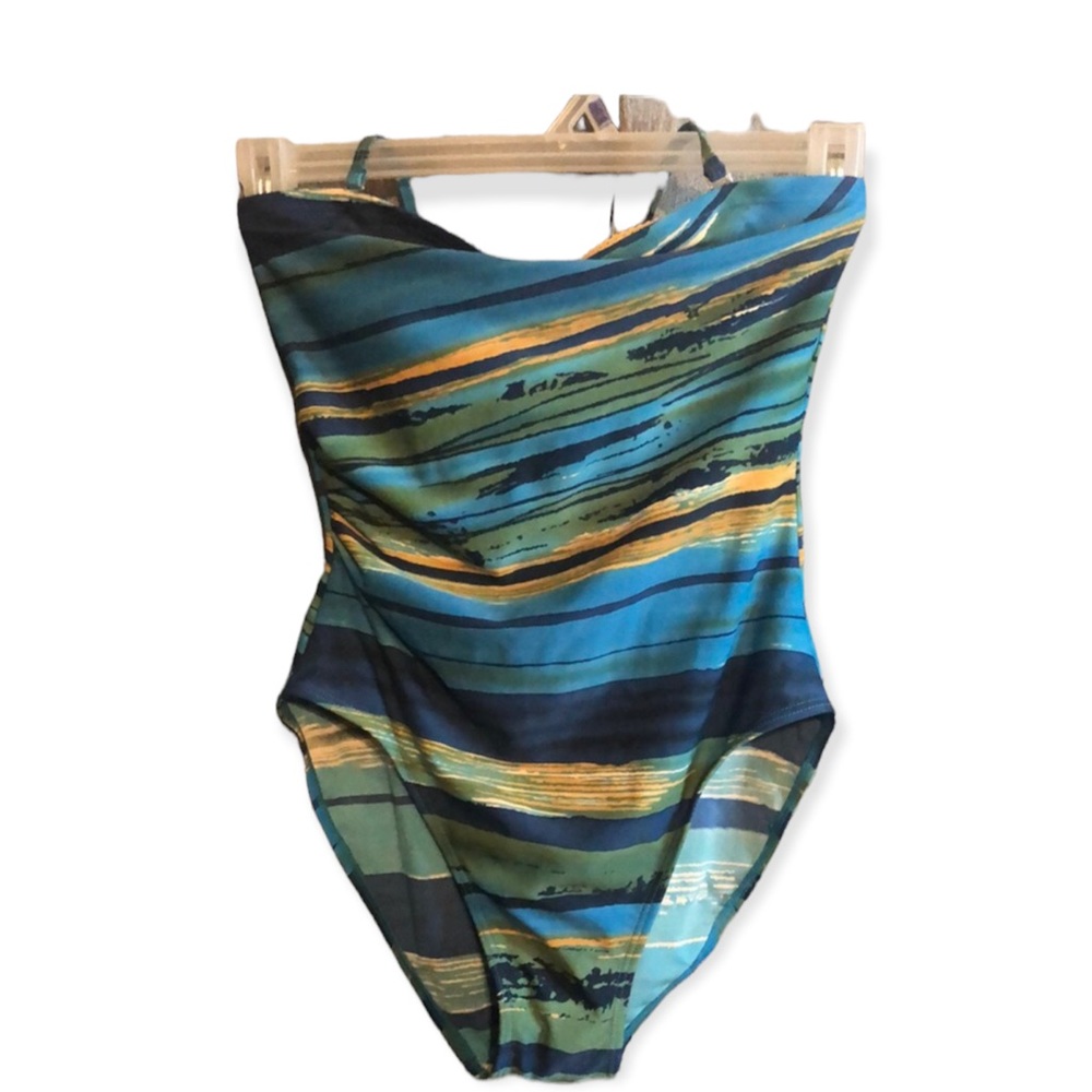 Women’s one piece Y2k blue striped VTG Hydra swimsuit